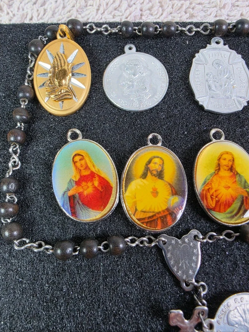 Religious Medal Rosary Necklace with Multi-Color Saint Medallions